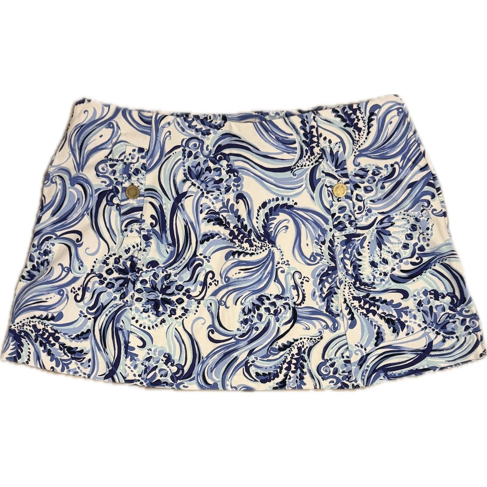 Lilly Pulitzer Blue White Paisley Print Skort Gold Button Accent Womens Large